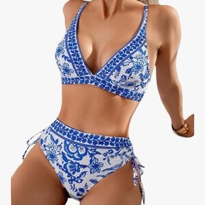 Women’s High Waisted Bikini Set (Small, Floral/Paisley)